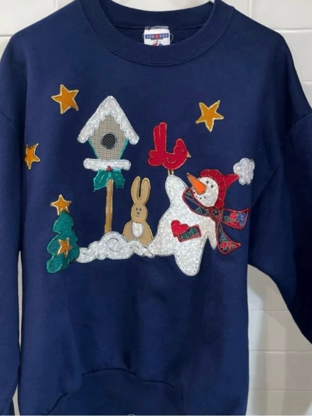 Vintage Jerzees Navy Christmas Sweatshirt 2000’s Appliqué Sz L